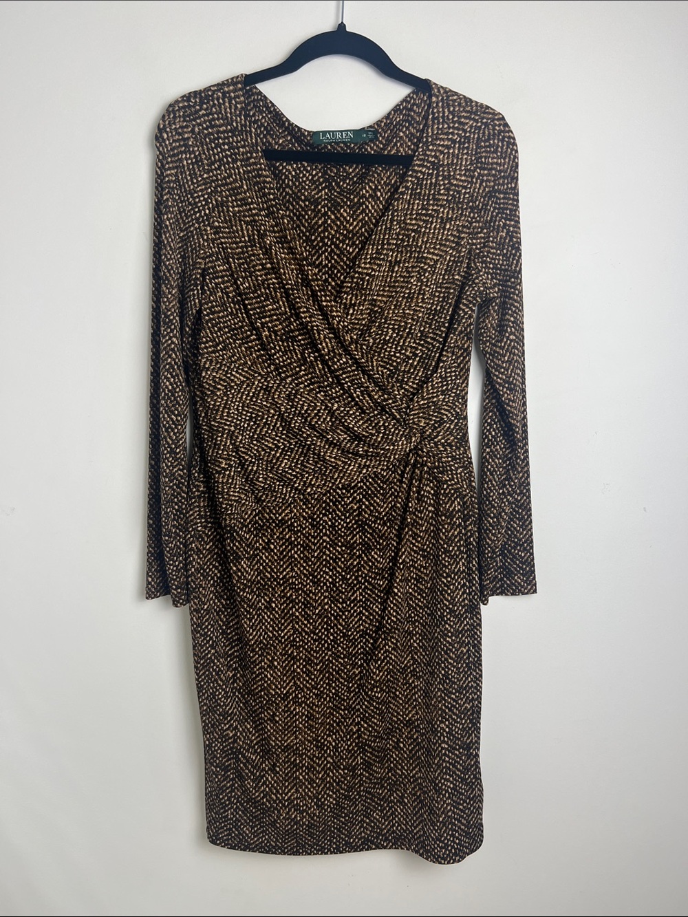 Lauren‎ Ralph Lauren Size 12 Brown Black Snake Skin Print Faux Wrap Sheath Dress